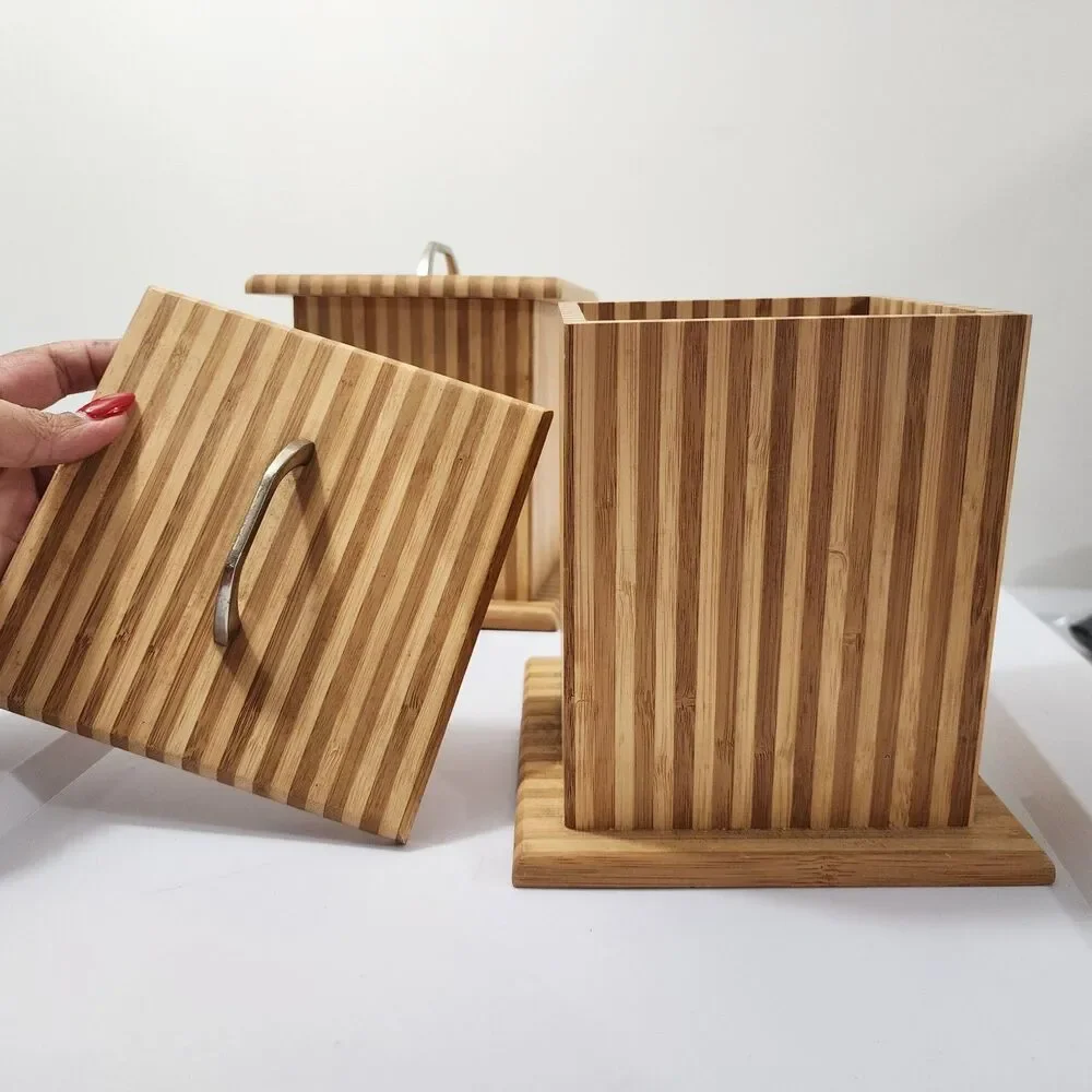 Vintage MCM Bamboo Fluted Column-style Decorative Boxes Kitchen Canisters Lid
